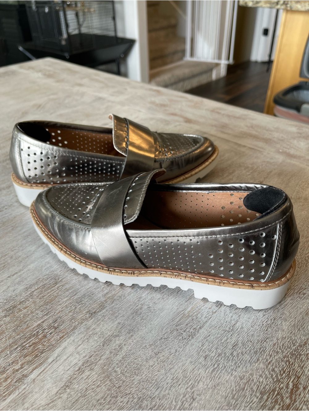 Halogen Metallic Silver Perforated Slip-On Loafers